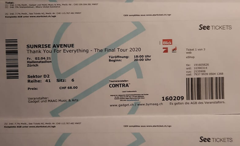 3 Sunrise Avenue Konzerttickets Halllenstadion, Zürich Tickets